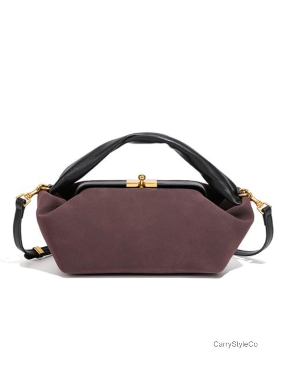 Faux Suede Kiss Lock Hobo Shoulder Bag Slouchy Crescent Purse